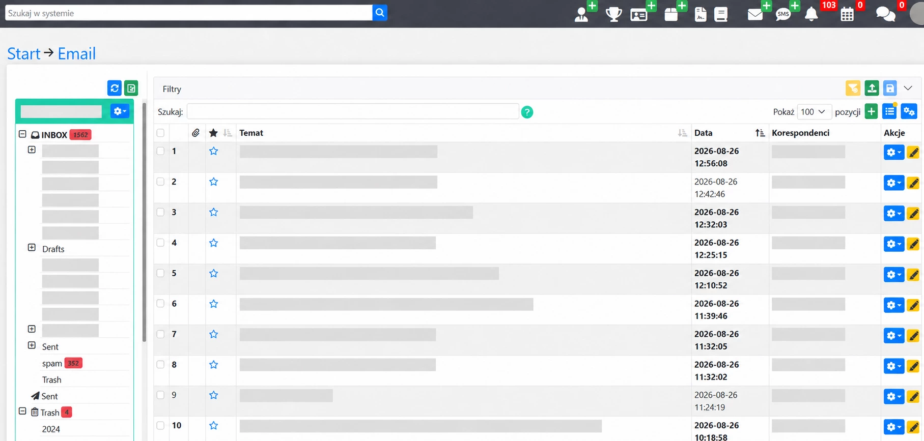 Zanonimizowana lista wiadomości e-mail i folderów w NSF Core.