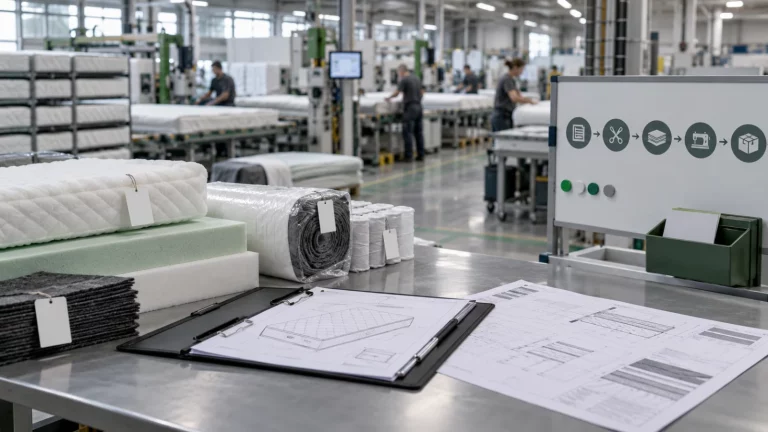 Proces realizacji zlecenia w fabryce materacy z dokumentacją, materiałami i etapami produkcji
